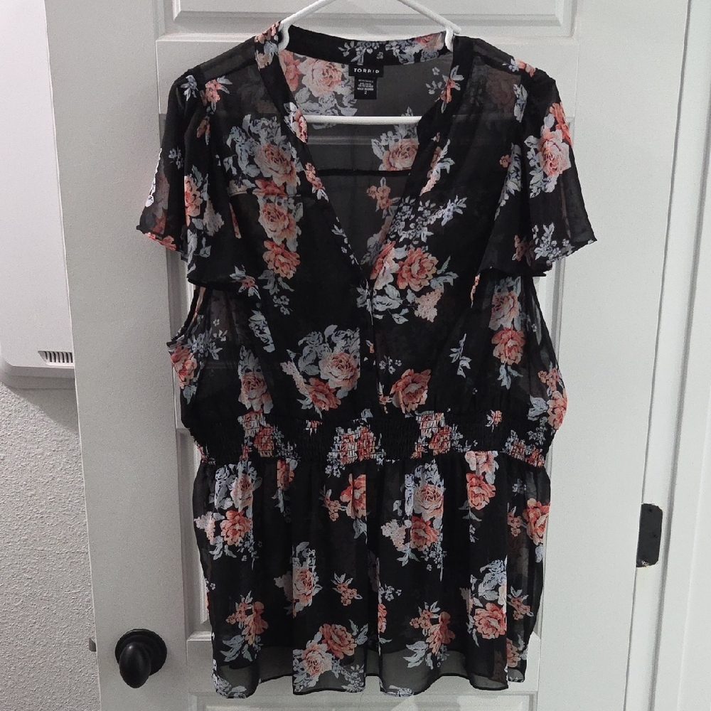 Torrid Black Floral Sheer Blouse